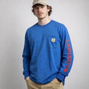 Carhartt Loose Fit Long Sleeve Pocket T Shirt Blue Logo Graphic Medium